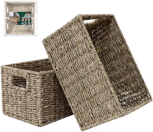 HOMESTEAD 2-Pack Rectangular Seagrass Storage Baskets with Built-In Handles, Handwoven Wicker Baskets for Pantry, Shelf, Closet & Bathroom Organization, 13.25 x 8.25 x 7.25 in by Homestead