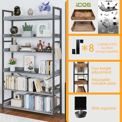 HCHQHS Bookshelf, Adjustable Industrial Bookcase, Vertical Tall Book Shelf, Wood and Black Metal Open Bookshelves for Home Office, Living Room, Bedroom (Grey, 6-Tier (31" W x 70" H)) - Image 6