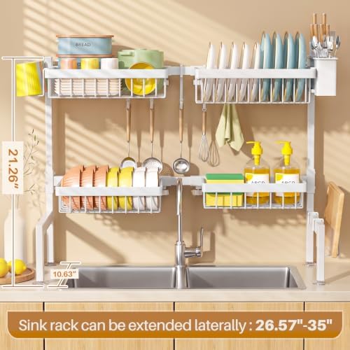 SNSLXH 4 Baskets 2-Tier Over The Sink Dish Drying Rack, 26.57"-35" White - Image 2