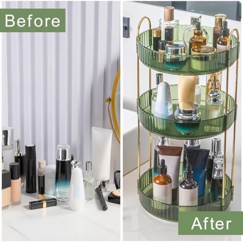INVSSENE 360° Rotating Makeup Organizer, Bathroom Make Up Spinning Holder Rack, Large Capacity Cosmetics Storage Vanity Shelf Countertop, Fits Cosmetics, Perfume, Skincare(3 Tiers, Green) - Image 4