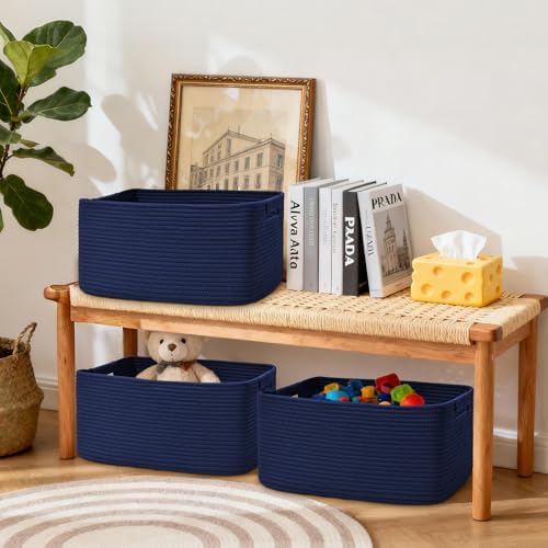 4 Pack Large Storage Basket for Organizing, 17.5"x13"x7" Woven Basket for Shelves, Closet Cube Storage Bins with Wrapped Handle, Cotton Rope Baskets for Kitchen, Clothes, Toys(Navy Blue) - Image 3