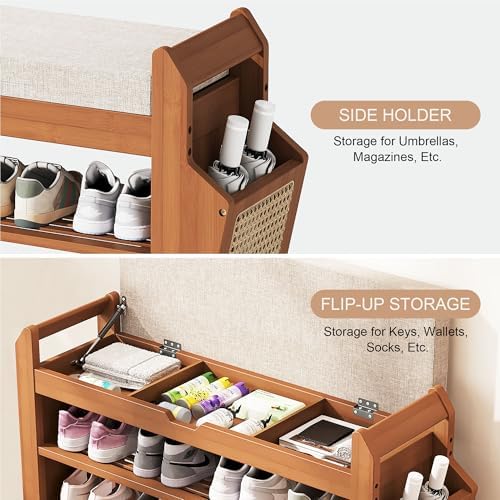 PETKABOO 31.5" Bamboo Shoe Rack Bench with Storage, 3-Tier Entryway Bench with Thick Cushion, Flip-Top & Side Baskets, Holds Up to 550 LBS for Hallway, Living Room, Bedroom - Image 5
