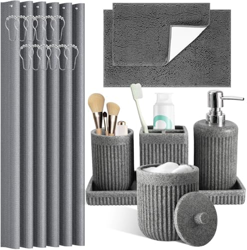 XLHOMO 8-Piece Grey Bathroom Sets with Shower Curtain and Rugs, Resin Bathroom Accessories Sets Complete with Soap Dispenser, Toothbrush Holder, Tumbler & Apothecary Jars Bathroom Essentials by BetterbathroomwithXLHOME