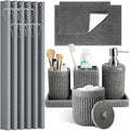 XLHOMO 8-Piece Grey Bathroom Sets with Shower Curtain and Rugs, Resin Bathroom Accessories Sets Complete with Soap Dispenser, Toothbrush Holder, Tumbler & Apothecary Jars Bathroom Essentials by BetterbathroomwithXLHOME