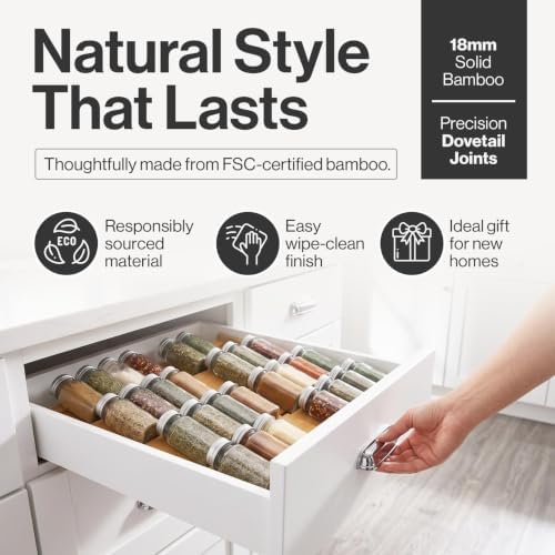 Bamboo Spice Drawer Organizer, Expandable 12 to 23 Inch Insert Holds 48 Jars, 4 Tier Seasoning Rack for Kitchen Drawer or Countertop, Adjustable Wood Spice Organizer - Image 7