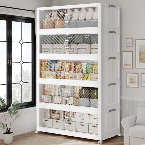 150GAL (600QT) Collapsible Plastic Storage Bins with Lid & Wheels, Extra Large Stackable Closet Organizers Storage Boxes, Folding Cabinet for Home Kitchen Office, 5Pack White by KUYIGAME