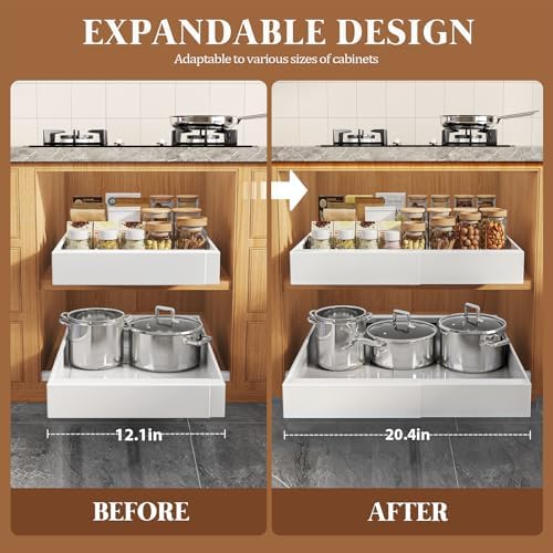 Seinloes 6 Pack Expandable Pull Out Cabinet Organizer 21"Deep With Raising Pad for Framed Cabinets,Upgrade 3 Slide Rails Slide Out Drawers,No Drill Roll Out Shelves,Adjustable Width 12.1"-20.4" White - Image 4