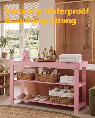 SMIBUY Bamboo Shoe Rack Bench, 3-Tier Shoe Organizer Storage Shelf for Entryway Hallway Bathroom Living Room (Pink) - Image 4
