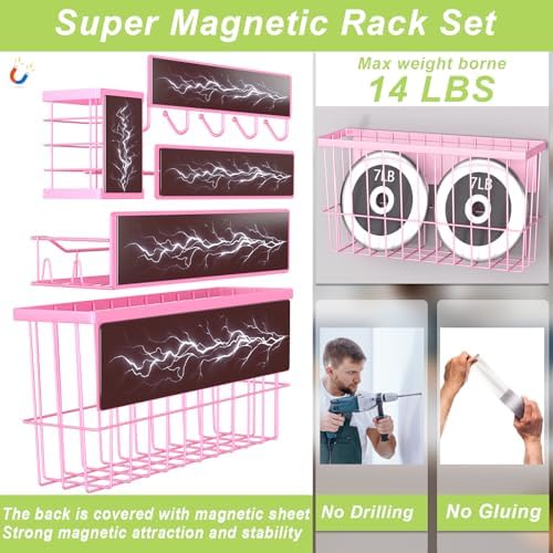 Magnetic Spice Rack for Refrigerator, 7 Pack Magnetic Fridge Shelf for Kitchen Organization Storage, Moveable Spice Organizer W/Paper Towel Holder, Utensil Caddy, Cutting Board Rack (Pink) - Image 3