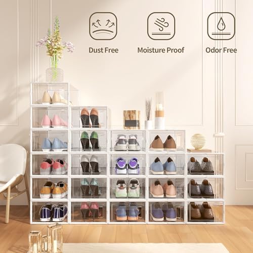 12 Pack Large Shoe Organizer Storage Boxes for Closet, Modular Space Saving Shoe Boxes Clear Plastic Stackable Sneaker Containers Display Case with Lid, Pearl White - Image 2