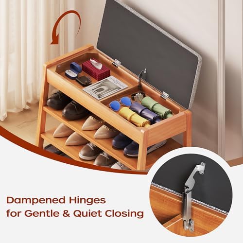 PARTPHONER Shoe Rack Bench with Storage, 2-Tier Solid Wood Entryway Bench with Cotton-Linen Cushion, Multipurpose Storage Organizer Bench for Bedroom, Hallway, Living Room, 31.5” - Image 5