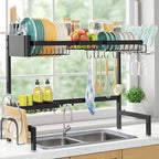 Sakugi Over The Sink Dish Drying Rack - Adjustable 2 Tier X-Large Capacity Stainless Steel Drainer with Cutlery & Utensil Holders, Kitchen Storage & Organization, 31.5"-39.5"L x 12"W x 24.5"H, Black by Sakugi