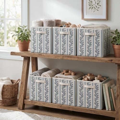 6 Pcs Fabric Indian Floral Cube Storage Bins 11 Inch Storage Basket with Handle, Linen Collapsible Fabric Box for Classroom Bedrooms Office Home Decoration (Grey stripe leaves) - Image 6