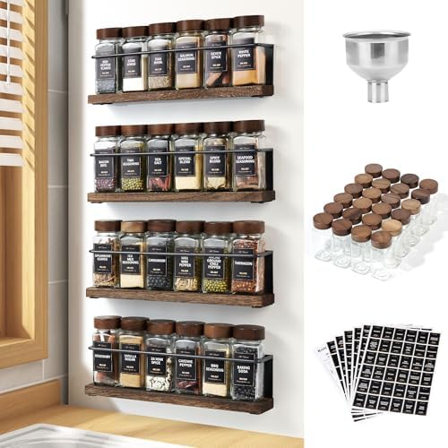 Wooden Lid Magnetic Spice Rack with 24 Jars, 216 Labels, 1 Steel Funnel for Refrigerator，Microwave Oven - Full Set of Spice Organizer by KitHero