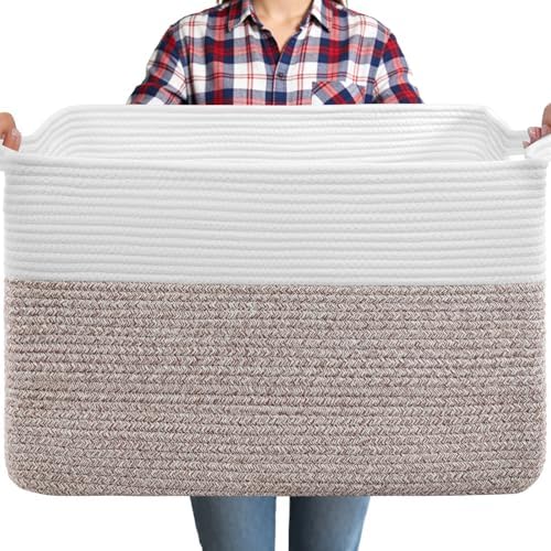 75L Large Blanket Storage Basket with Handles - White & Brown by Unknown