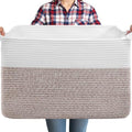 75L Large Blanket Storage Basket with Handles - White & Brown by Unknown