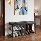 DreamDashio Set of 2 Small Shoe Storage Benches with PU Leather Cushion, 3-Tier Shoe Rack Organizer for Entryway, Metal Mesh Shelves, Holds Up to 300 lbs, Black (31.5"x11.4"x17.5") - Image 2