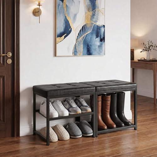 DreamDashio Set of 2 Small Shoe Storage Benches with PU Leather Cushion, 3-Tier Shoe Rack Organizer for Entryway, Metal Mesh Shelves, Holds Up to 300 lbs, Black (31.5"x11.4"x17.5") - Image 2