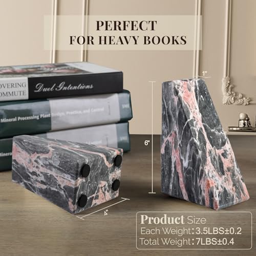 Koville Marble Bookends for Shelves, Large Bookends for Heavy Books, Natural Stone Book Stopper for Books CD Movies, Aesthetic Decorative Book Ends (Grey&Pink) - Image 3