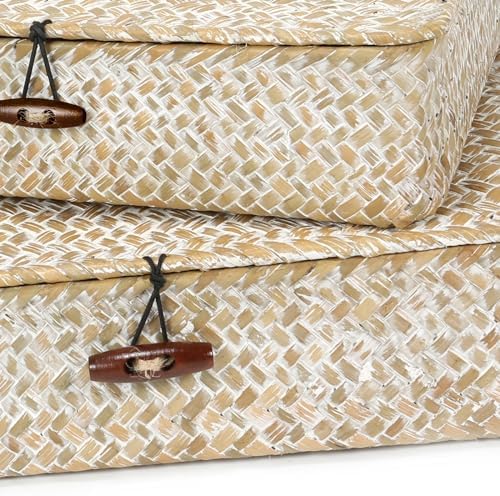 Set of 2 Flat Seagrass Storage Bins with Lid Wicker Storage Baskets for Organizing, Woven Shelf Organizer Bins Home Utility Organizer Box for Home & Office Supplies - Image 3