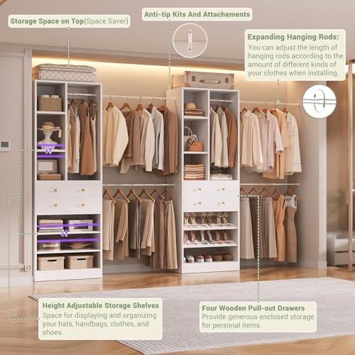 Besiost Closet System, Up to 134"/11.2 FT Closet Organizer with 4 Wooden Drawers and Shelves, Walk-in Closet System with 6 Hanging Rods, Built-in Closet Can Fit 96"/8FT, 120"/10FT, White Set 2 - Image 5
