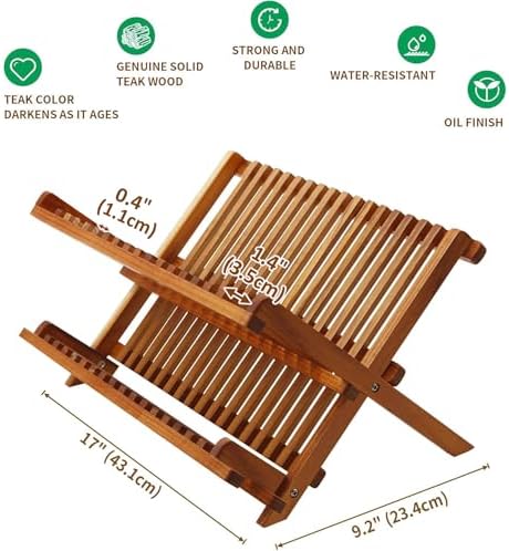 Utoplike Teak Wood Dish Drying Rack, Foldable Plate Organizer Countertop - Image 4