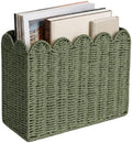 Green Paper Rope Magazine Holder, Scalloped Magazine Basket by Rattanzenith
