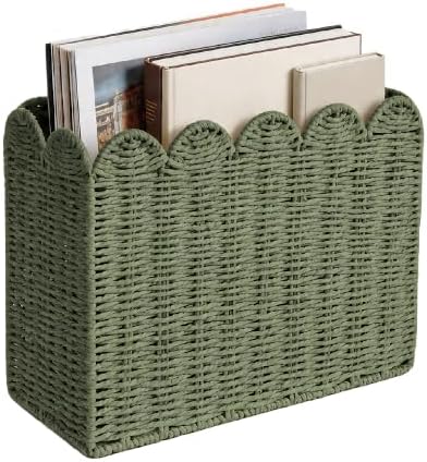Green Paper Rope Magazine Holder, Scalloped Magazine Basket by Rattanzenith