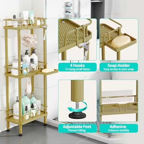 HapiRm Standing Corner Shower Caddy - 3 Tier Corner Shower Organizer with Soap Holder, Rustproof Stainless Steel Bathroom Shelf with 4 Hooks, Gold - Image 2