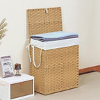 DUMOS Woven Laundry Basket with Lid, 90L Large Capacity Hamper, Removable & Machine-Washable Liner, Foldable Rattan Clothes Hamper, Sturdy Steel Frame, Odor Control, Goose Yellow - Image 6