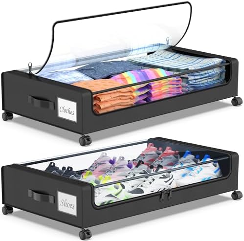 Beborxue Under Bed Storage with Wheels, 2-Pack Under the Bed Storage Containers with Lids, XXL 60L Under Bed Shoes Storage Organizer Bins, Rolling Underbed Storage for Clothes, Shoes, Blankets (Black) by Beborxue-Life