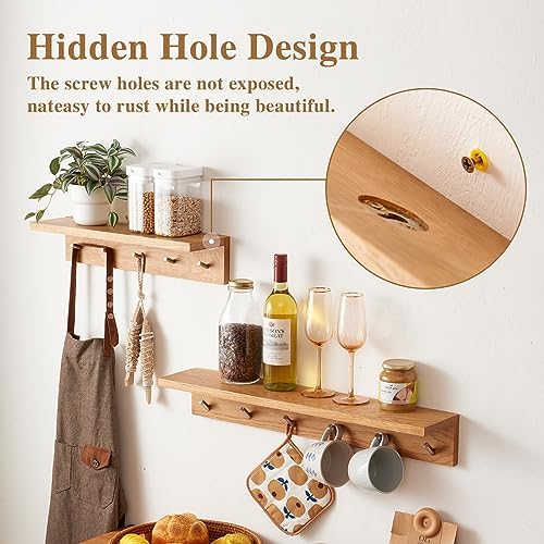 Oak Wood Coat Rack Wall Mount With Shelf 20 Inch Long, 5 Hooks, Floating Entryway Wall Shelf for Bathroom, Hallway, Living Room - Image 2