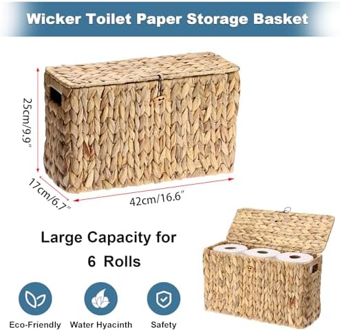 Sumnacon Toilet Paper Basket, Wicker Water Hyacinth Toilet Paper Holder with Handles and Lid, Holds Up to 6 Mega Rolls, Decorative Farmhouse Woven Bathroom Accessories Toilet Tissues Organizer, Large - Image 3