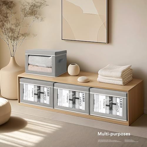 Homsorout Decorative Bins with Lids - Stackable Cube Bins for Closet, 5 Pack Clear Windows Fabric Organizer Bins, Home Organizers and Storage for Clothes, CD, Towels, Grey - Image 6