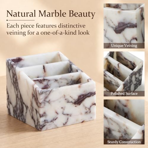 SAMAH Natural Marble Toothbrush Holder, 3-Compartments Marble Pen Holder & Makeup Brush Holder, Multifunctional Desk & Bathroom Counter Organizer for Office Supplies, Remote Holder, Toothbrush - Image 3