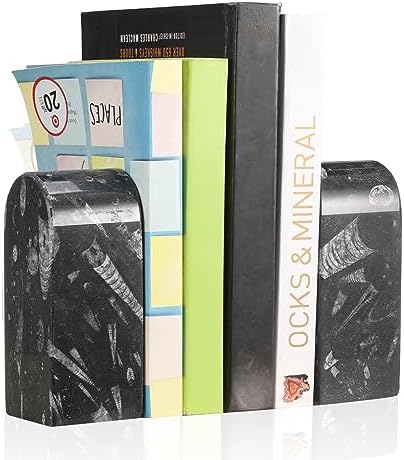 Koville Moroccan Natural Marble Bookends for Shelves, Decorative Book Ends, 7lbs Heavy-Duty Marble Book Holders, Bookshelf Apartment Decor for Normal Books/CD/Video Games(Black Fossil) by Koville