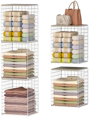 Hencawima 3-Pack Taller Stackable Closet Organizers and Storage with Wood Top,White | Wire Storage Bins for Clothes, Double Storage Design, Sturdy Metal Cube Shelf Organizer for Closet Wardrobe-Black - Image 2