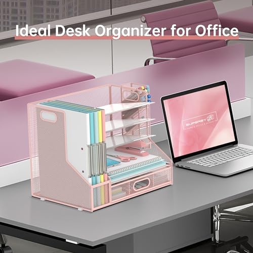 Desk Organizer with 5 Tier File Holder and Sliding Drawer Pen Holder Pink - Image 6