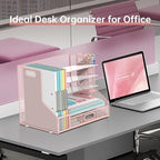 Desk Organizer with 5 Tier File Holder and Sliding Drawer Pen Holder Pink - Image 6
