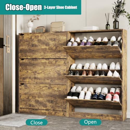 Xixini Shoe Storage Cabinet for Entryway with 3 Flip Drawers, Sturdy Wood Hidden Shoe Storage, Freestanding Narrow Slim Shoe Organizer for Front Door Entrance, Living Room, Hallway, Bedroom, Brown - Image 3