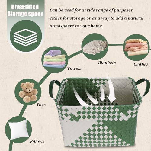 BROWNLILY Handwoven Clothes Basket Laundry Hampers Large Wicker Storage Baskets for Shelves Blankets Closet Storage Bins Car Bedroom Bathroom Organizers and Storage Bath (Pack of 4, Green&White) - Image 4