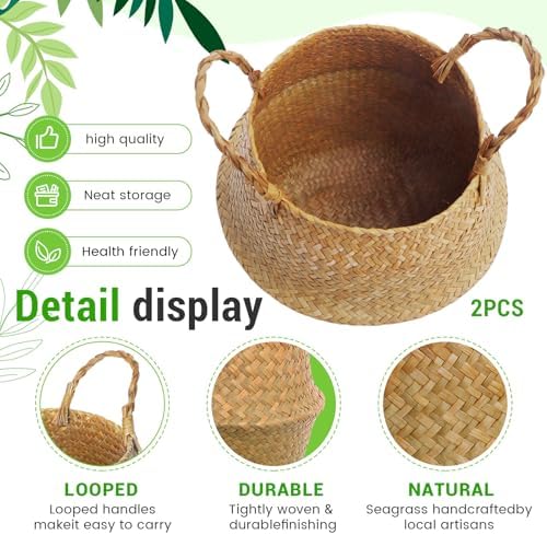 Knitgrip Large Wicker Plant Basket with Handle 10 Inch Woven Seagrass Belly Basket and Artificial Moss for House Plants Picnic Grocery Laundry Storage Home Decor(Large,Original,2 Pack) - Image 3
