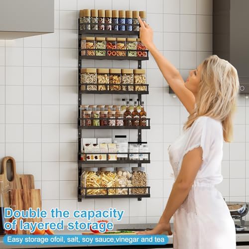 X-cosrack 6-Tier Wall-Mounted Spice Rack Organizer with Mixed Basket Sizes, Height-Adjustable Hanging Spice Shelf for Kitchen Pantry Cabinet, Large-Capacity Seasoning Holder, Black - Image 4