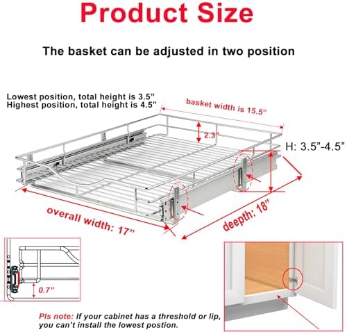 DINDON 1 Tier Pull Out Cabinet Organizer (17" W x 18" D) Heavy-Duty Metal Sliding Drawer Shelf, Slide Out Wire Basket for Kitchen Cabinets, Pantry, Bathroom, Chrome Finish… - Image 2