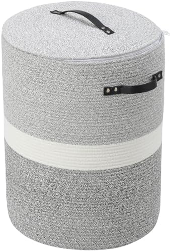16"x20" Extra Large Cotton Rope Basket with Zipper Lid, Woven Laundry Hamper and Blanket Storage Basket, Round Clothes Bin for Living Room Bedroom, Dual Grey by Cottonphant