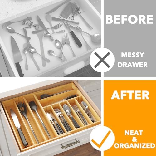 SpaceAid 2.5" High Bamboo Silverware Drawer Organizer with Labels, Kitchen Utensil Expandable Tray Holder for Flatware, Cutlery, Spoon and Knives Drawer Storage Organization (Natural) - Image 2