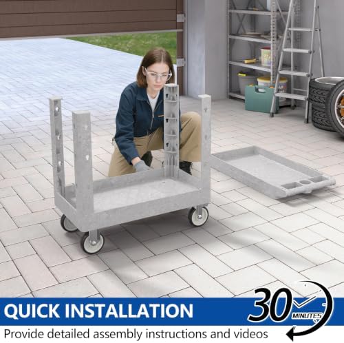 Large Garage Plastic Utility Cart, Heavy Duty 2 Shelf Tool Cart Service Cart Rolling Push Carts with Ergonomic Handle 5" Swivel Casters. - Image 4