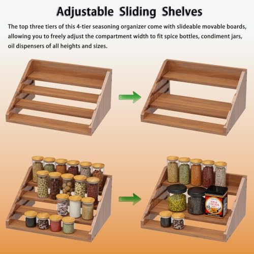 Solid Wood Spice Rack Organizer for Countertop & Cabinet, 4 Tier Adjustable Wooden Spice Shelf with Sliding Track, Premium Step Seasoning Bottle Holder for Kitchen, Pantry & Office, Walnut Brown - Image 5