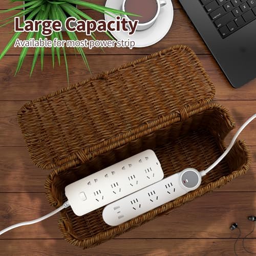 Cable Management Box, Desk Handwoven Rattan Cord Hider Cable Organizer Box With Lid Button Lock, Power Strip Cover Wicker Decorative Basket, Floor Wire Hiding Extension Cord Box (dark brown) - Image 2