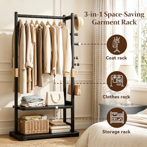 Taitiy Coat Rack, Solid Wood Freestanding Clothing Rack, 2 Shelves 5 Hooks - Image 3